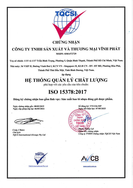 ISO 15378:2017 - Công Ty TNHH Sản Xuất Và Thương Mại Vĩnh Phát - VPCM CO., LTD
