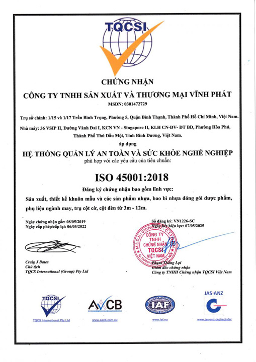 ISO 45001:2018 - Công Ty TNHH Sản Xuất Và Thương Mại Vĩnh Phát - VPCM CO., LTD