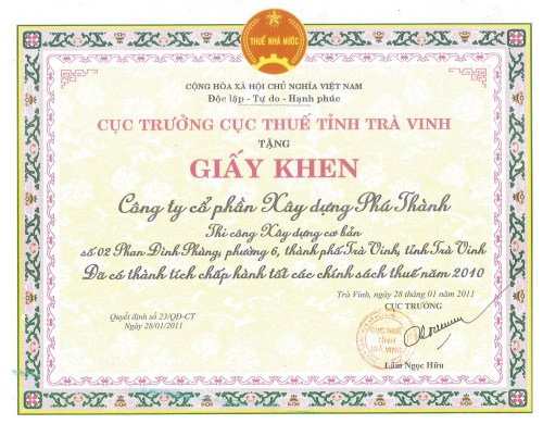 Chứng nhận năm 2010 - Xây Dựng Phú Thành - Công Ty Cổ Phần Xây Dựng Phú Thành