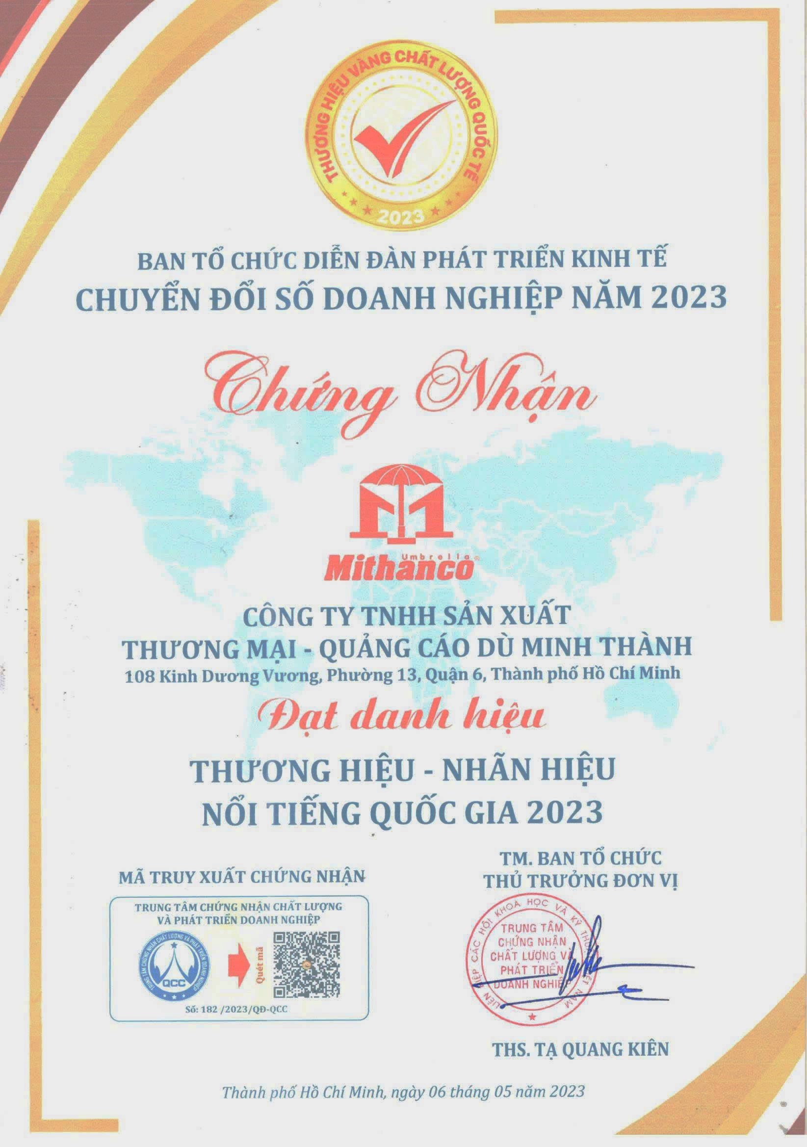 Chứng nhận danh hiệu - thương hiệu nổi tiếng quốc gia 2023