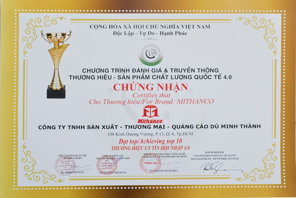 Chứng nhận đạt top 10