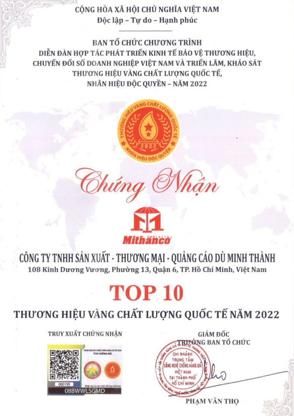 Chứng nhận thương hiệu vàng chất lượng quốc tế 2022 - Ô Dù Minh Thành - Công Ty TNHH Sản Xuất - Thương Mại - Quảng Cáo Dù Minh Thành