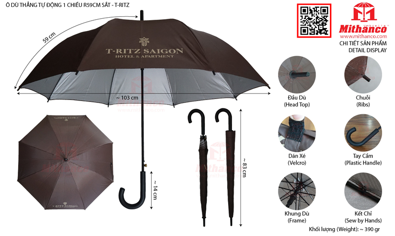 Ô dù thẳng tự động 1 chiều R59cm sắt - T-Ritz 1