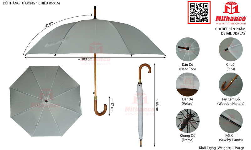 Ô dù thẳng tự động 1 chiều R60cm không in (trắng)