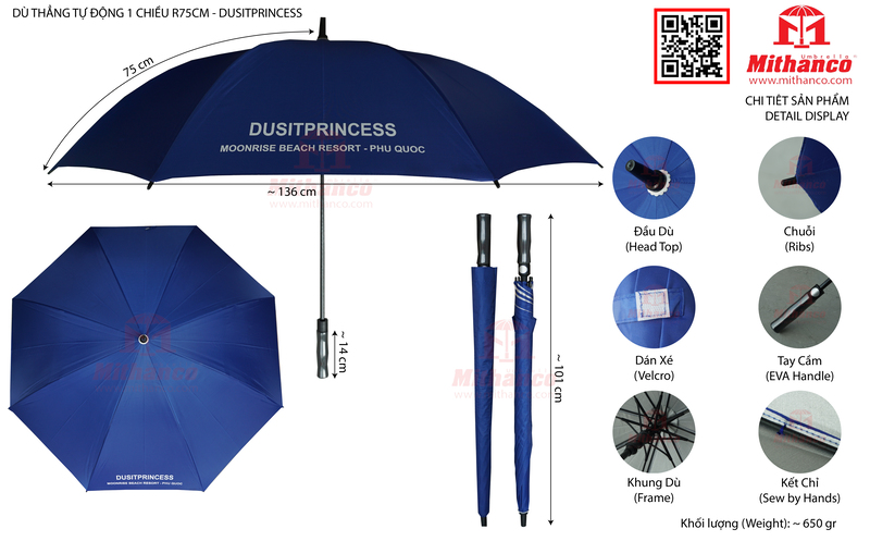 Ô dù thẳng tự động 1 chiều R75cm - Dusitprincess