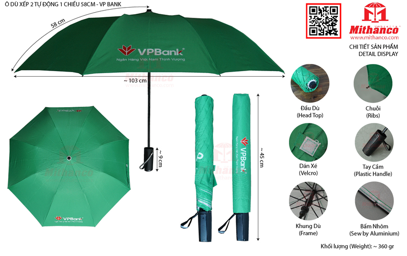 Ô dù xếp 2 tự động 1 chiều R58cm - VPbank