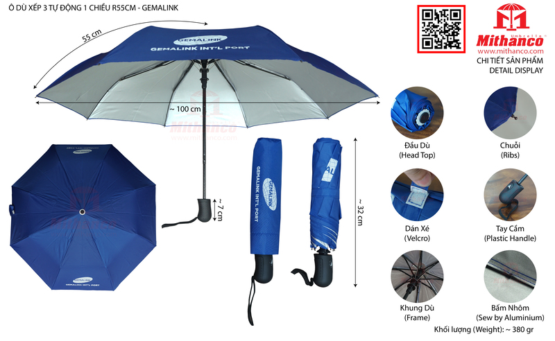 Ô dù xếp 3 tự động 1 chiều R55cm - Gemalink