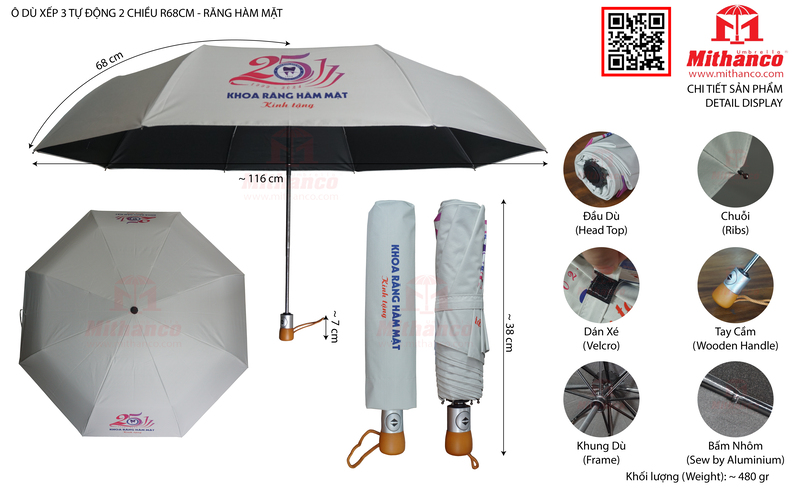 Ô dù xếp 3 tự động 2 chiều R68cm - Răng hàm mặt