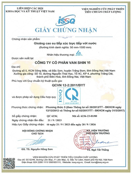 Chứng nhận QCVN về gioăng - Van Công Nghiệp - Công Ty Cổ Phần Van Shin Yi