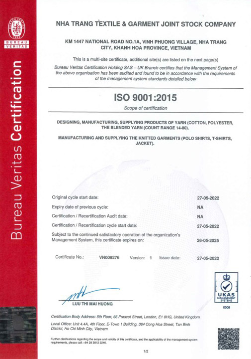 ISO 9001:2015 EN 1/2 - Sợi Nha Trang - Công Ty Cổ Phần Dệt - May Nha Trang