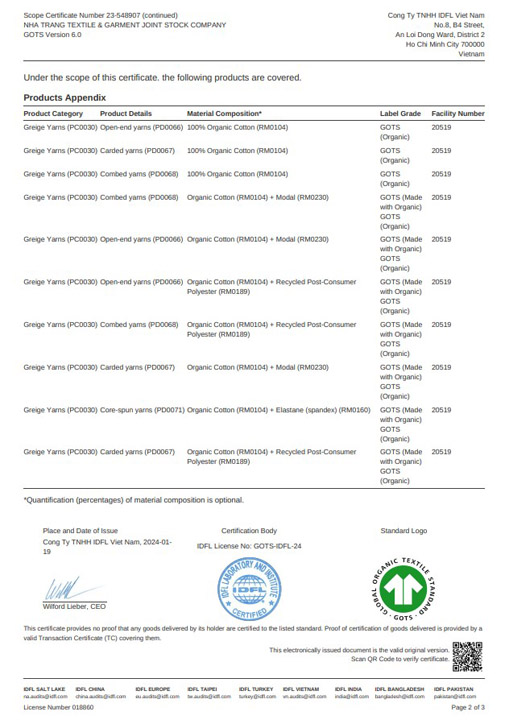 GOTS 2/3 - Sợi Nha Trang - Công Ty Cổ Phần Dệt - May Nha Trang