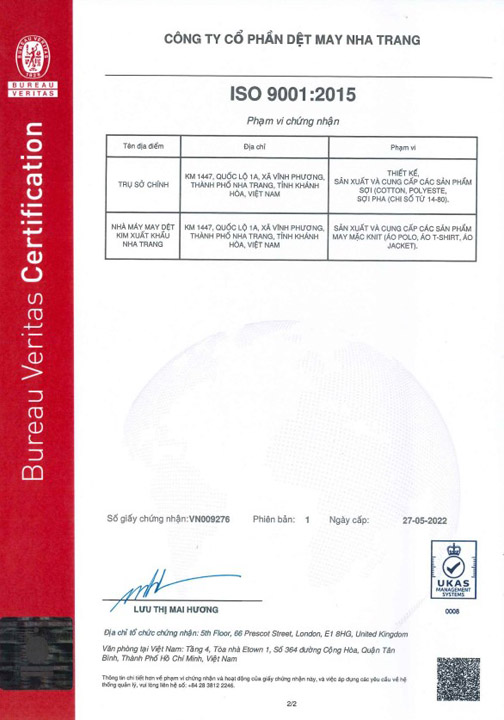 ISO 9001:2015 VN 2/2 - Sợi Nha Trang - Công Ty Cổ Phần Dệt - May Nha Trang
