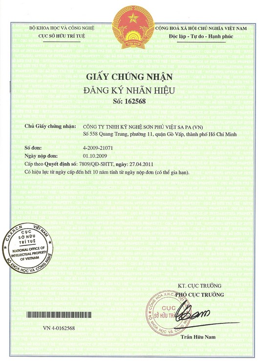 Chứng nhận nhận đăng ký nhãn hiệu - Sơn Việt Sa Pa - Công Ty TNHH Kỹ Nghệ Sơn Phủ Việt Sa Pa