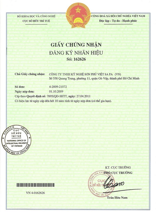 Chứng nhận nhận đăng ký nhãn hiệu - Sơn Việt Sa Pa - Công Ty TNHH Kỹ Nghệ Sơn Phủ Việt Sa Pa