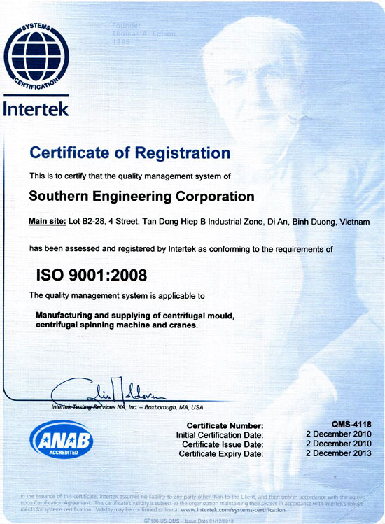 Chứng chỉ ISO 9001:2008 - Kỹ Nghệ Miền Nam - Công Ty Cổ Phần Kỹ Nghệ Miền Nam