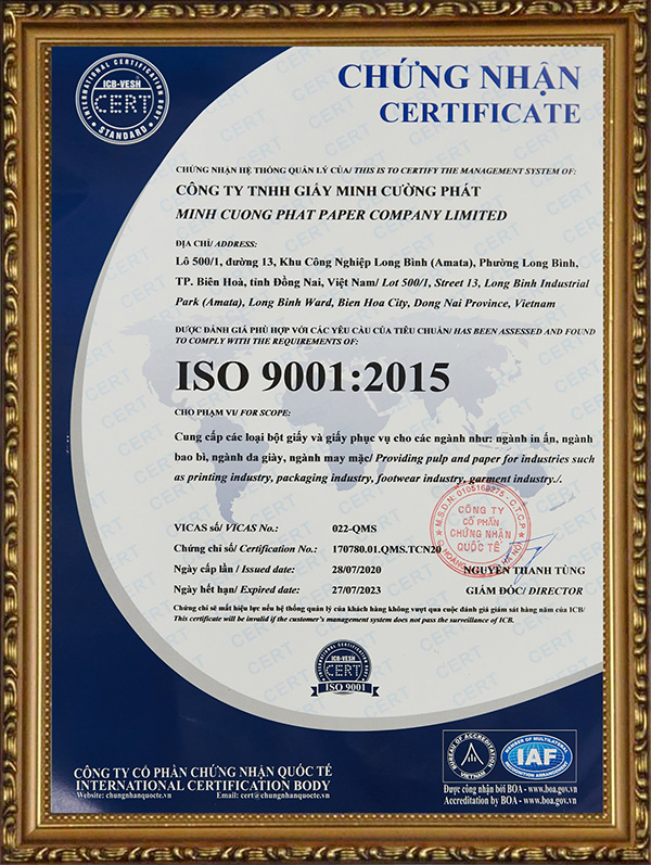Chứng nhận ISO 9001:2015 - Giấy Minh Cường Phát - Công Ty TNHH Giấy Minh Cường Phát