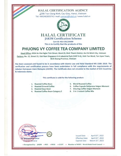 Chứng nhận Halal - Công ty TNHH Cà Phê Trà Phương Vy – Phương Vy Coffee