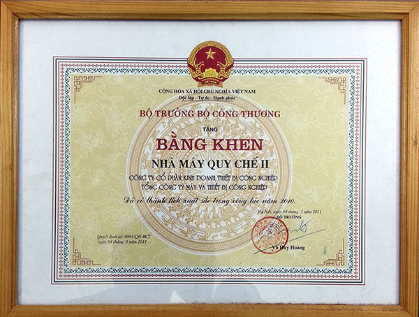 Bằng khen Bộ trưởng bộ công thương trao tặng 2010