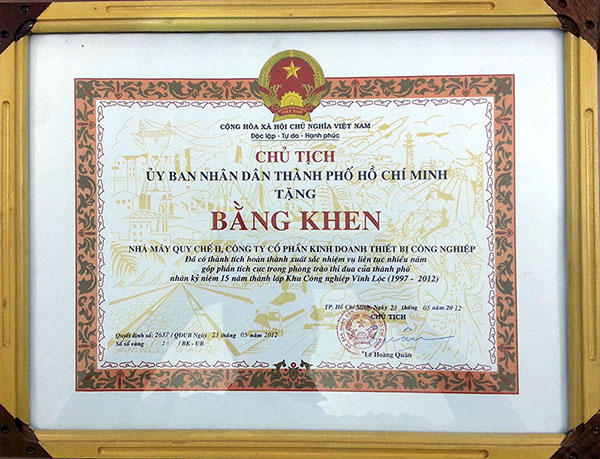 Bằng khen Chủ tịch UBND TP.HCM trao tặng 2012