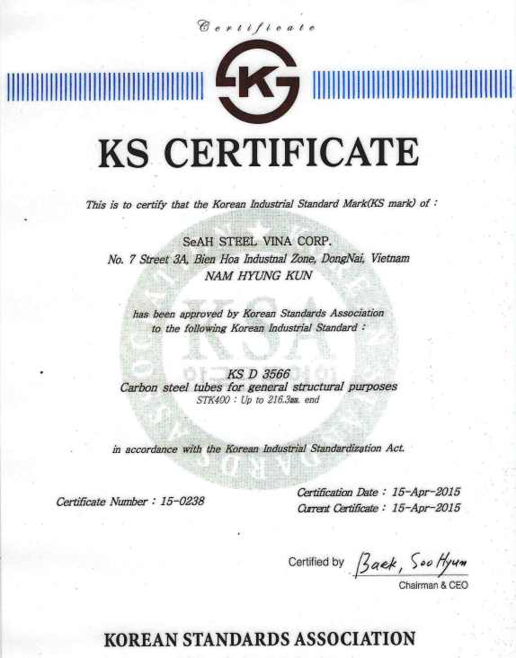 KS Mark Certificate - Thép SeAH - Công Ty TNHH Thép SeAH Việt Nam