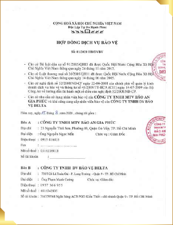 Hợp đồng tiêu biểu - Bảo Vệ DELTA - Công Ty TNHH Dịch Vụ Bảo Vệ DELTA