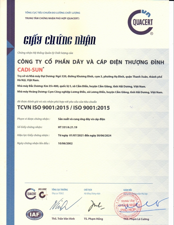 ISO 9001:2015 - Dây Cáp Điện - Công Ty TNHH Thiết Bị Điện Hồng Hà