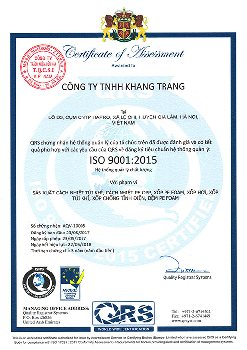 Chứng chỉ ISO - Vật Liệu Đóng Gói Khang Trang - Công Ty TNHH Khang Trang
