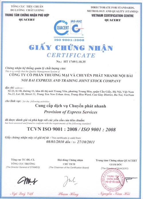 TCVN ISO 9001:2008 - Công Ty Cổ Phần Thương Mại Và Chuyển Phát Nhanh Nội Bài