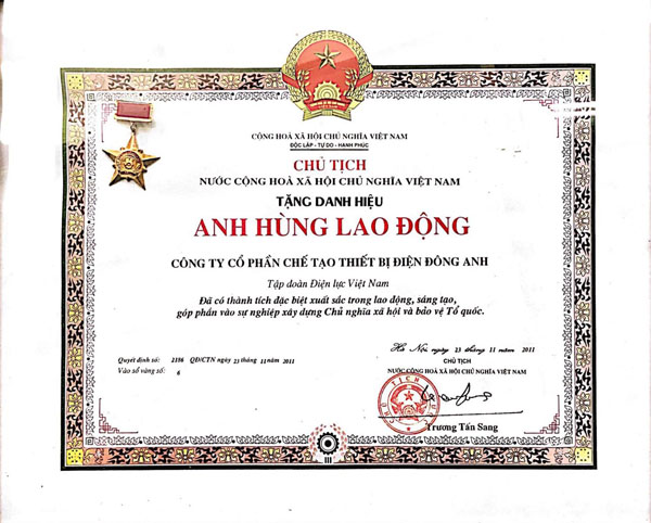 Danh hiệu Anh Hùng Lao Động - Máy Biến áp Đông Anh - Tổng Công Ty Thiết Bị Điện Đông Anh - Công Ty Cổ Phần