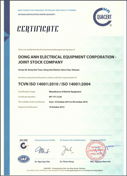 ISO 140001:2004 - Máy Biến áp Đông Anh - Tổng Công Ty Thiết Bị Điện Đông Anh - CTCP (EEMC)