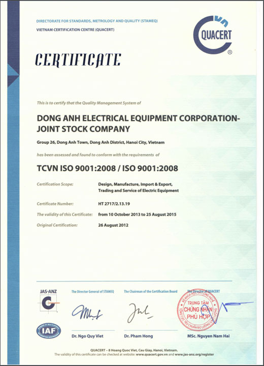 ISO 9001:2008 - Máy Biến áp Đông Anh - Tổng Công Ty Thiết Bị Điện Đông Anh - Công Ty Cổ Phần