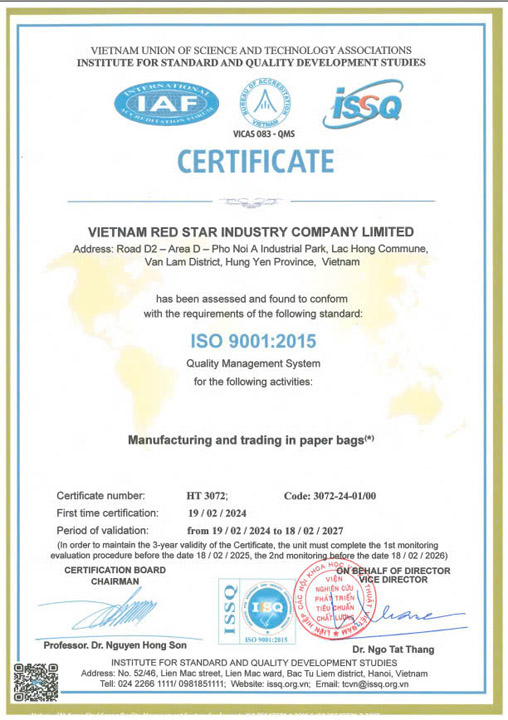 ISO 9001:2015 - Túi Giấy Sao Đỏ - Công Ty TNHH Công Nghiệp Sao Đỏ Việt Nam