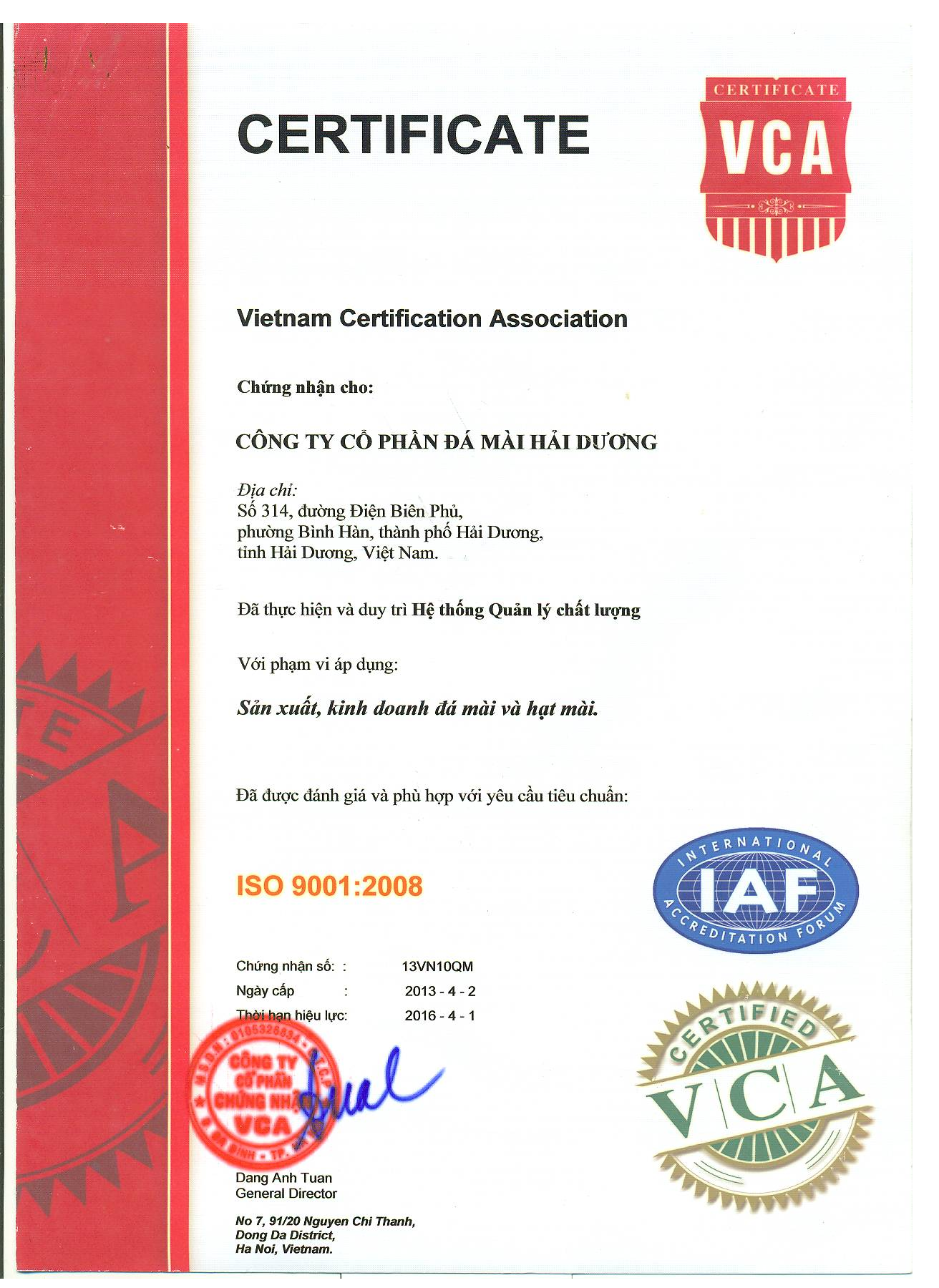 ISO 9001:2008 - Đá Mài Hải Dương - Công Ty Cổ Phần Đá Mài Hải Dương