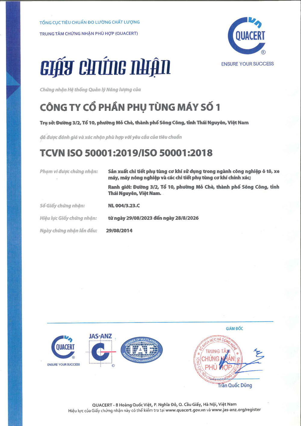 Chứng chỉ - Công Ty Cổ Phần Phụ Tùng Máy Số 1