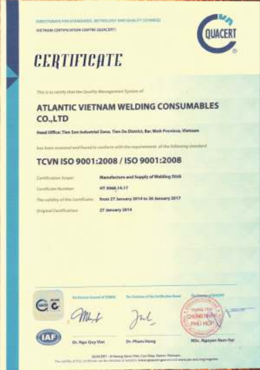 Chứng nhận - Vật Liệu Hàn Đại Tây Dương - Công Ty TNHH Sản Xuất Que Hàn Đại Tây Dương Việt Nam