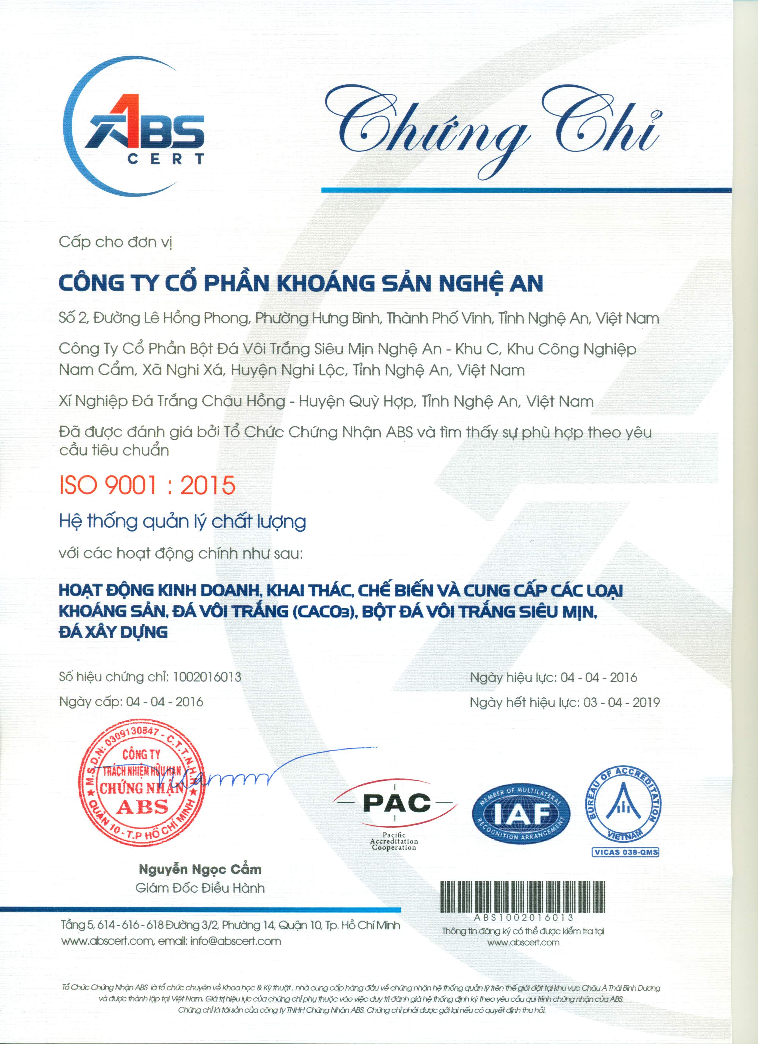 Chứng nhận ISO 9001:2015 - Đá NAMCO - Công Ty CP Khoáng Sản Nghệ An