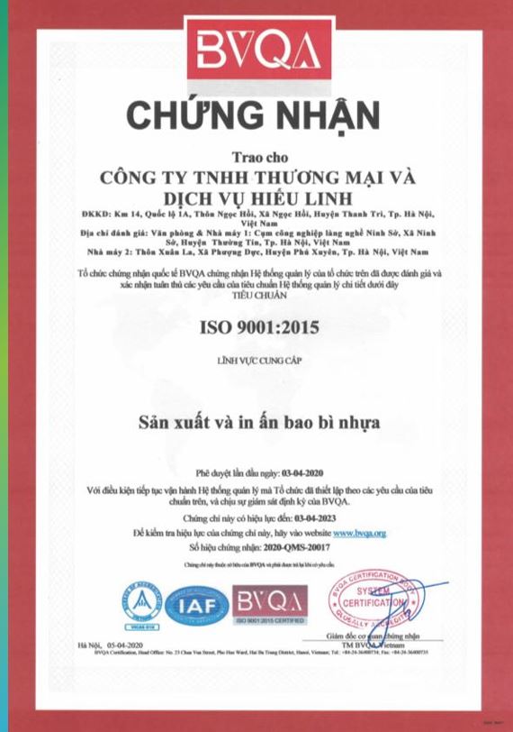 ISO 9001:2015 - Bao Bì PP Dệt Hiếu Linh - Công Ty TNHH Thương Mại Và Dịch Vụ Hiếu Linh