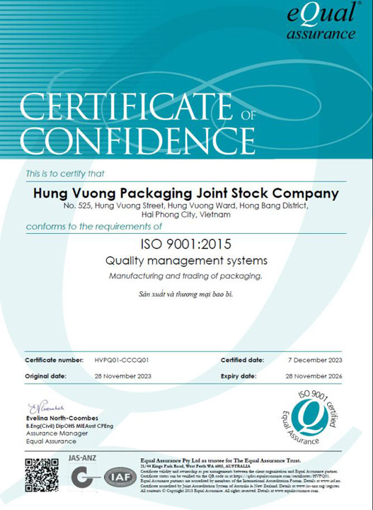 ISO 9001-2015 - Bao Bì Giấy Hùng Vương - Công Ty Cổ Phần Bao Bì Hùng Vương