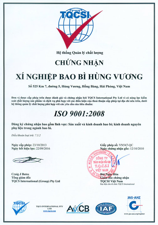 ISO 9001-2008 - Bao Bì Giấy Hùng Vương - Công Ty Cổ Phần Bao Bì Hùng Vương