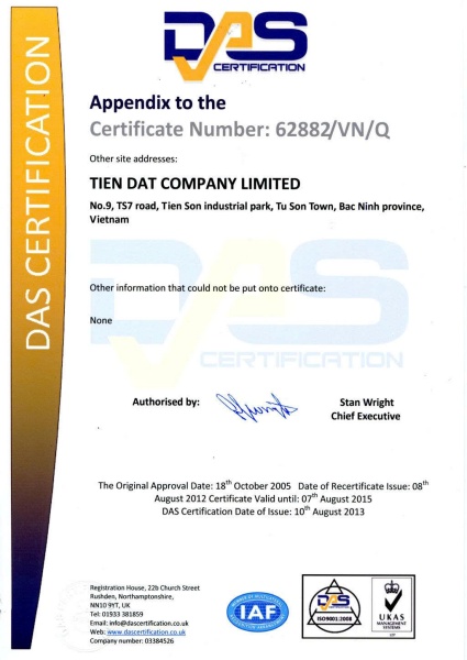 Chứng chỉ chứng nhận - Công Ty TNHH Tiến Đạt