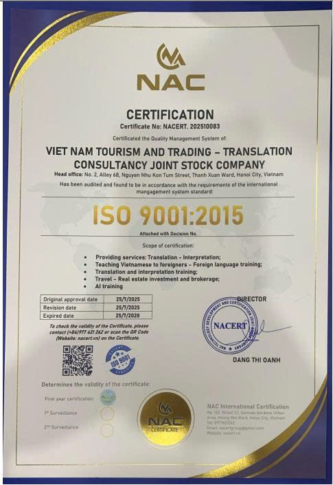 Chứng nhận ISO 9001 - 2015 tiếng anh