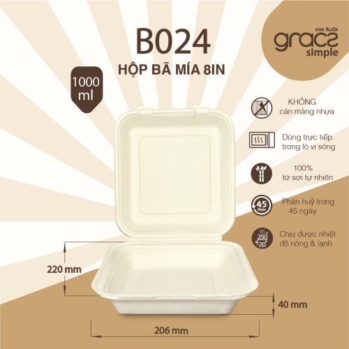 Hộp bã mía 8in B024 - Bao Bì Lê ánh Hoa - Công Ty TNHH Sản Xuất Thương Mại Và Dịch Vụ Lê ánh Hoa