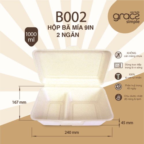 Hộp bã mía 9in 2 ngăn B002 - Bao Bì Lê ánh Hoa - Công Ty TNHH Sản Xuất Thương Mại Và Dịch Vụ Lê ánh Hoa