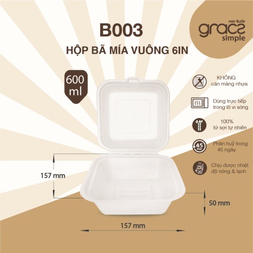 Hộp bã mía vuông 6in B003 - Bao Bì Lê ánh Hoa - Công Ty TNHH Sản Xuất Thương Mại Và Dịch Vụ Lê ánh Hoa