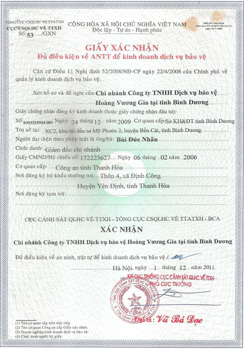 Chứng nhận đủ điều kiện an ninh trật tự