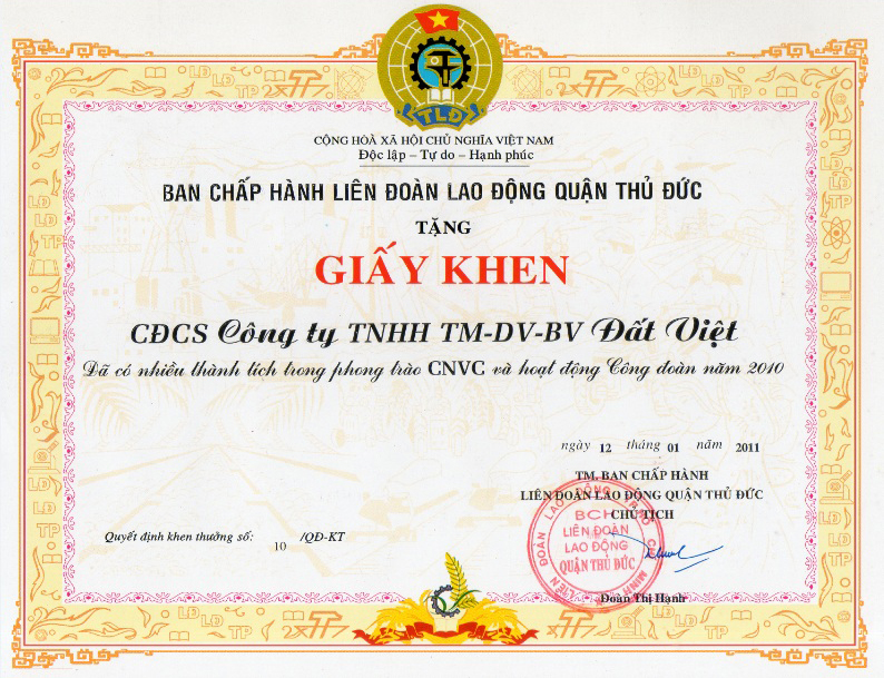 Bằng khen BCH LĐLĐ Q. Thủ Đức năm 2010 - Công Ty TNHH Dịch Vụ Bảo Vệ Đất Việt - Trụ Sở Chính