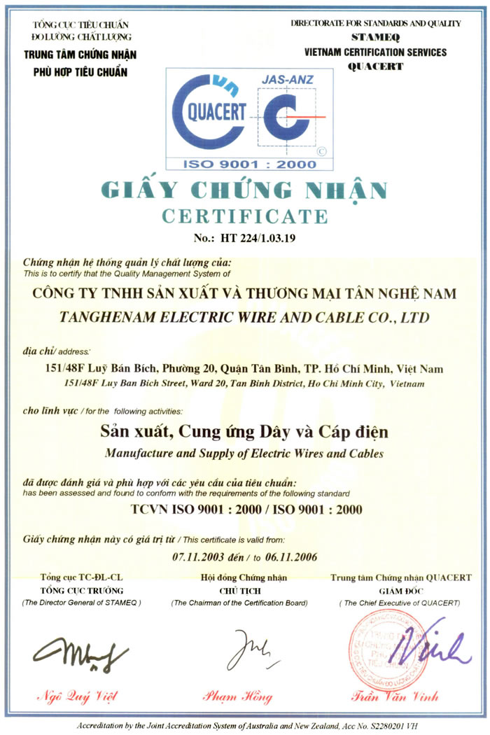 Giấy Chứng Nhận - Dây Cáp Điện Tân Nghệ Nam - Công Ty TNHH Sản Xuất - Thương Mại  Tân Nghệ Nam