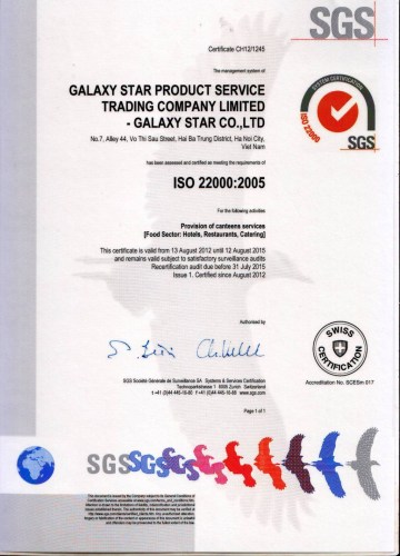 Chứng chỉ - Suất Ăn Công Nghiệp Galaxy Star - Công Ty TNHH TM DV SX Sao Thiên Hà
