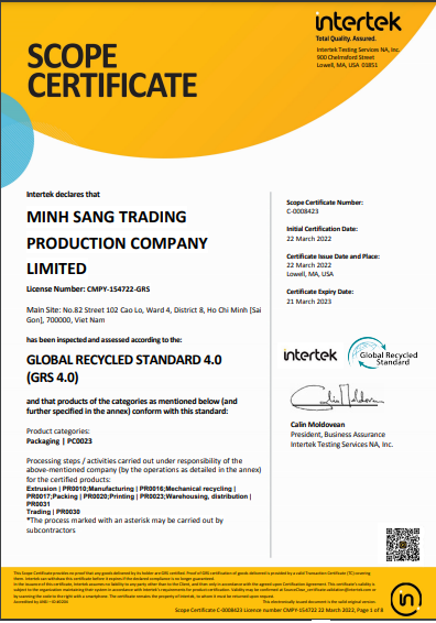 Chứng nhận tái chế toàn cầu GRS - Túi Sinh Học Minh Sang - Công Ty TNHH Sản Xuất - Thương Mại Minh Sang
