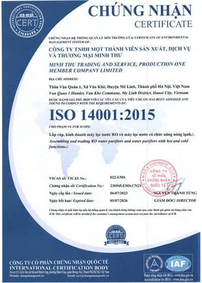 Chứng nhận ISO 14001:2015 - Kosovota - Hệ Thống Lọc Nước - Công Ty TNHH Một Thành Viên Sản Xuất, Dịch vụ Và Thương Mại Minh Thư